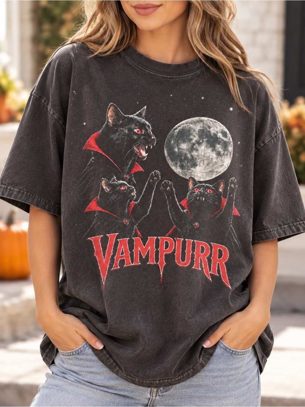 Vampurr Black Graphic Tee - Halloween Cat Print